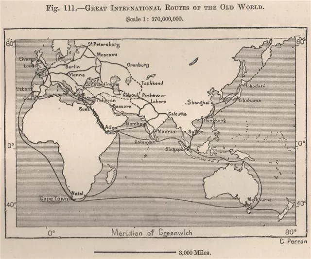 Great International routes of the Old World 1885 antique map plan chart