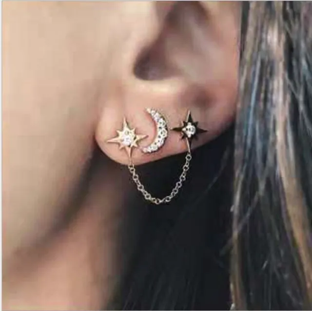 Women Elegant Crystal Rhinestone Ear Stud Moon Star Earrings Fashion Jewelry