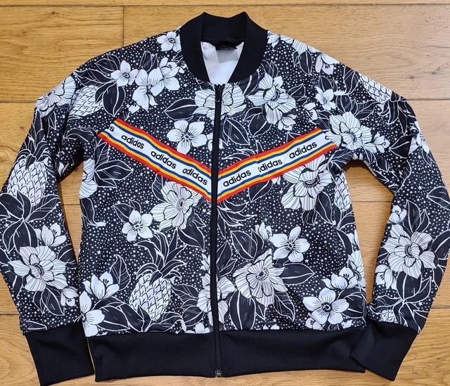 Adidas Age 14-15 Years Farm Rio Track Jacket Black White Floral Logo Stripe