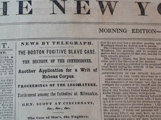 Civil War Newspapers- Thomas Simms Boston Fugitive Slave Case, Negro Convention