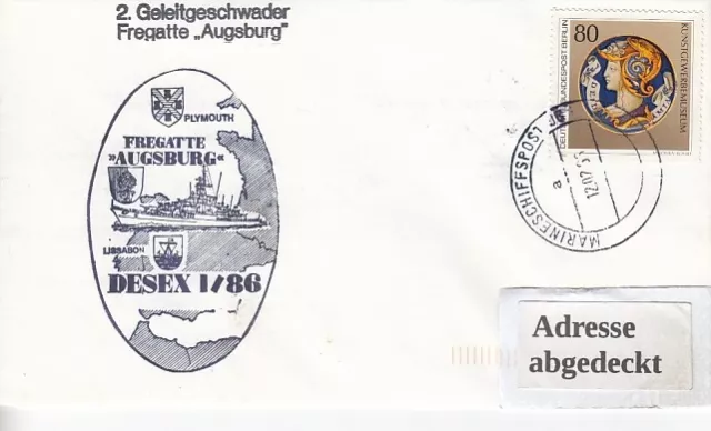 F 222 Fregatte AUGSBURG, Bundesmarine, Marine-Schiffspost, Beleg mit MSP06-1986