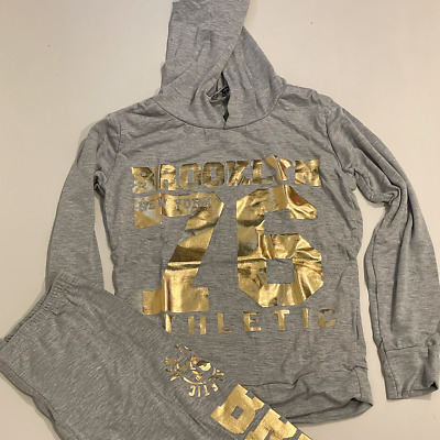 Girls Brooklyn 76 Grey Gold Tracksuit Outfit Top Leggings Age 7 8 9 10 11 12 13