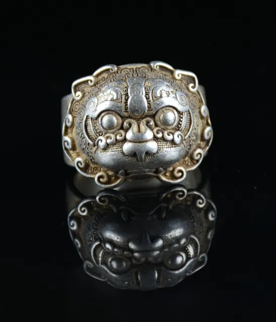 3CM Rare Old China Miao Silver Feng Shui Lion Beast Head Jewelry Finger Ring