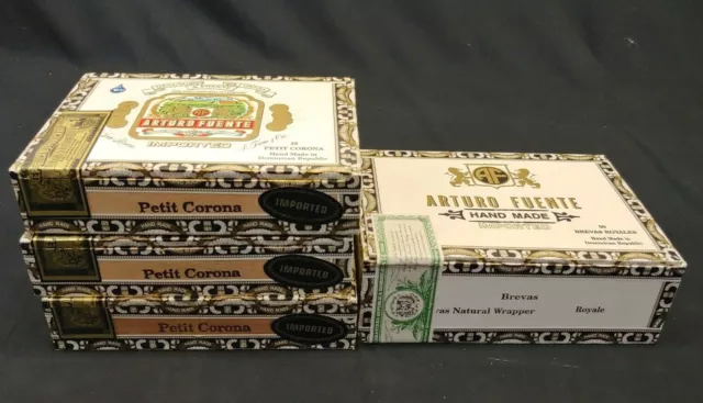 Arturo Fuente Wooden Cigar Box Lot of 3 Petit Corona & 1 Brevas Royales