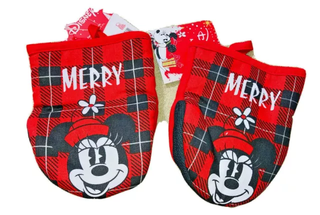 Disney Minnie Mouse Mini Christmas Oven Mitts Set of 2 Red Black Plaid