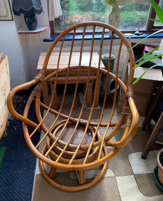 VINTAGE BAMBOO CHAIR Mid Century Swivel Wicker Cane Egg Chair Boho