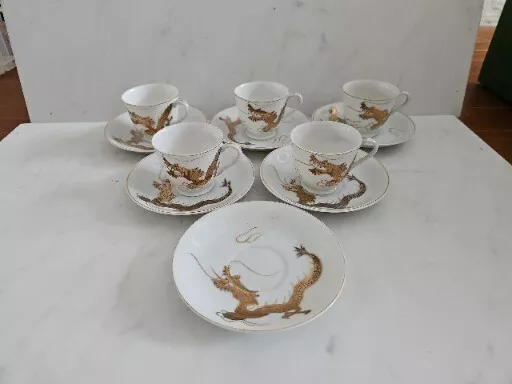 Hand Painted Dragon Sunray China Kutani Japan 231 Single Tea Cups And Saucers ❤️