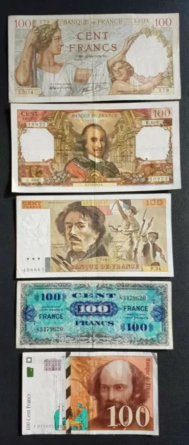 France - Francia - French Notes - Lot De 5 Billets De 100 Francs Divers.