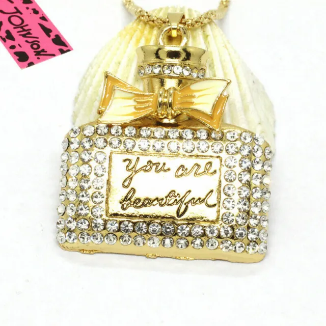 Betsey Johnson Gold Crystal & Enamel You are Beautiful Perfume Pendant Necklace