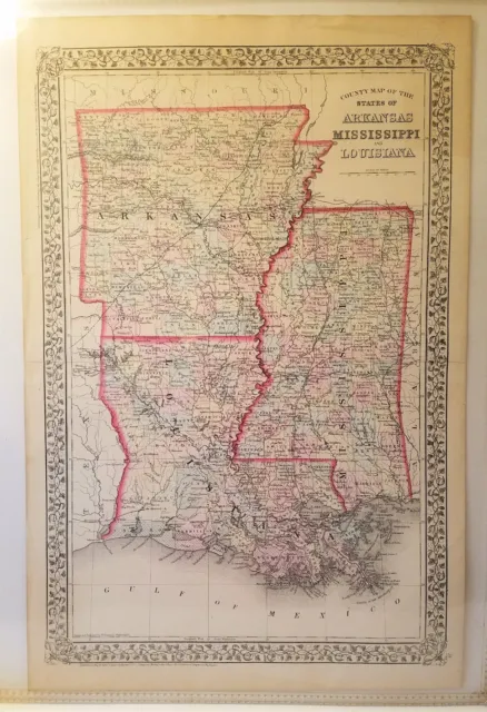 Antique 1872 County Map Arkansas Louisiana Mississippi Mitchell Color Gamble