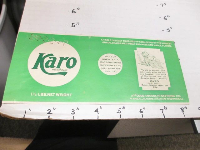 KARO baby food supplement green 1930s metal tin can food paper label 1.5lb