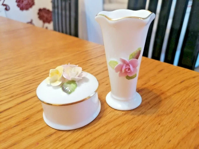 Crown Staffordshire Miniature Vase & Lidded Pot Applied Flowers