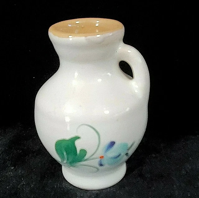Miniature Hand Painted Pottery Jug Whitewash w/ Flower Design Front 3" High
