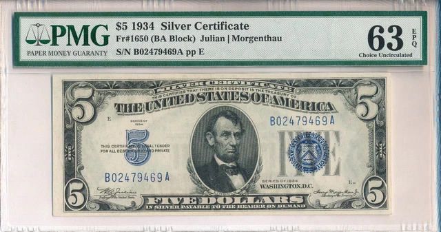 1934 $5 Silver Certificate **Pmg Certified Choice Uncirculated 63 Epq**