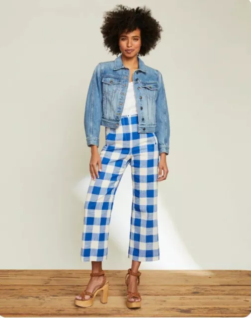 Veronica beard dova plaid pants 10 high rise wide leg buffalo check blue white