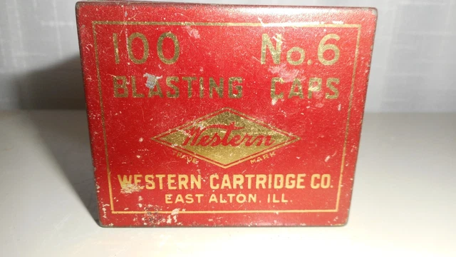 Western Cartridge Co. 100 No. 6 Strength Blasting Caps Tin-Red & Gold Paint