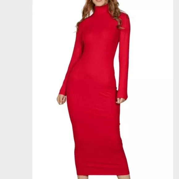Sexy Womens Mock Neck Long Sleeve Bodycon Ribbed Knit Sweater Dress Red Black