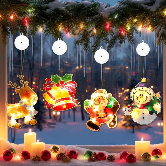 Luci Natale Per Finestra – 4 Lampade A Ventosa A LED Con Motivi Festivi