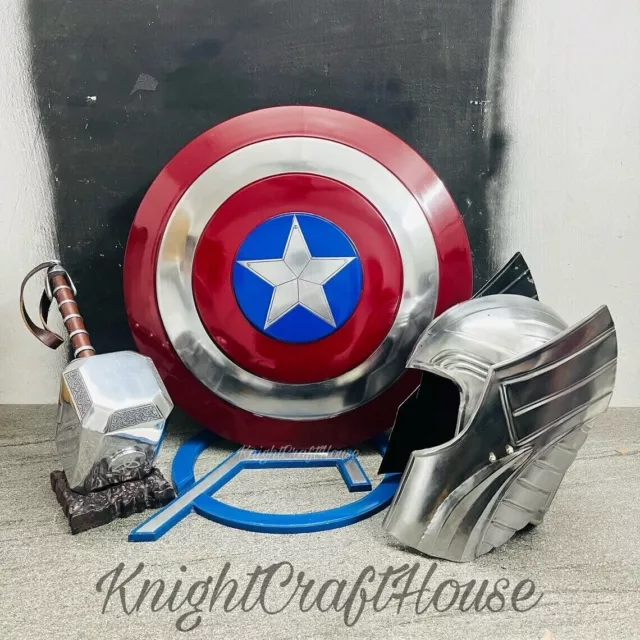 Marvel Captain America Shield Thor hammer Thor Ragnarok Steel Helmet with stand