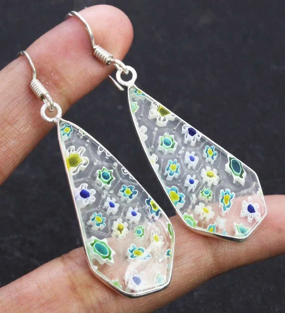 Dichroic Glass 925 Silver Plated Handmade Earrings of 2" Ethnic Gift