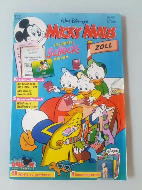 Micky Maus Comicheft Nr. 36 1991 mit Beilage 10 Lehrer Schock-Karten +  Sammelk.