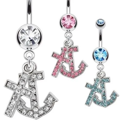 Gem Paved Anchor Cross Belly Navel Ring Dangle Cz Button Piercing Jewelry B732