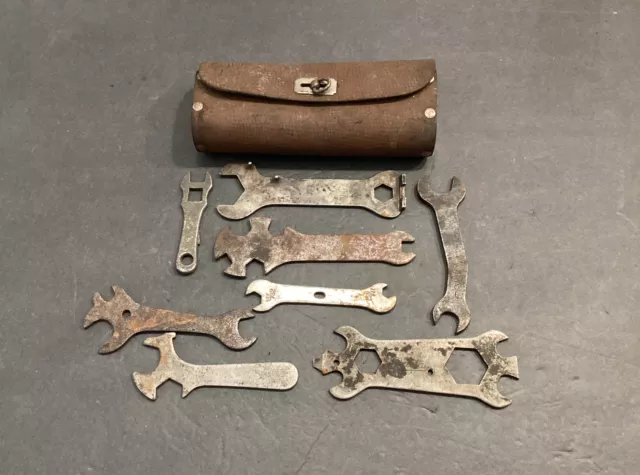 Vintage Motorcycle Bicycle Leather Tool Pouch Case W/ Wrenches Harley Indian