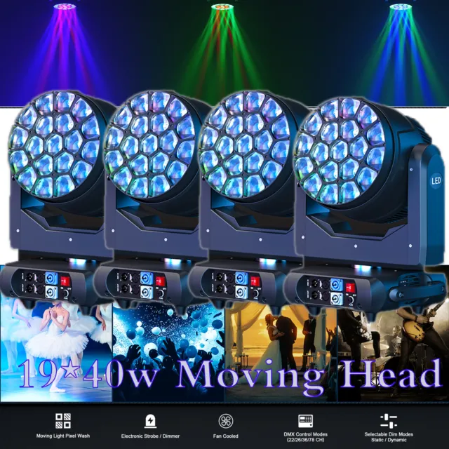 U`King 4stk 19X40W Moving Head Beam Wash Zoom DMX 4in1 RGBW DJ Party Bühnenlicht
