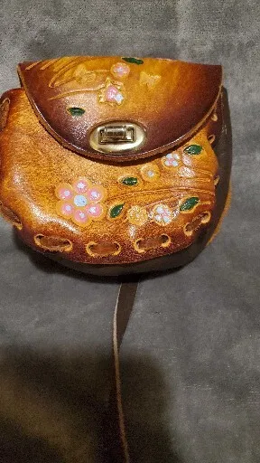 Vintage Hand Tooled & Painted Floral Brown Leather Shoulder Purse/Bag 5"