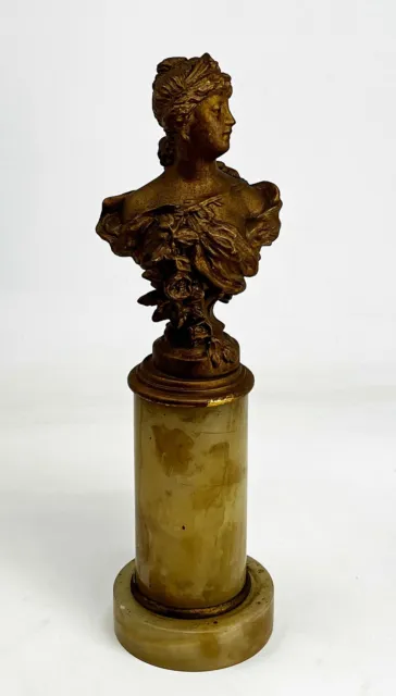 SIGNED BRONZE HANDCRAFTED CLASSIC SCULPTURE LADY BUST STATUETTE ON SCULPTURE