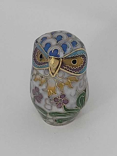 🦉Chinese Copper CLOISONNE Enamel Handmade Exquisite 2" Owl Statue RARE