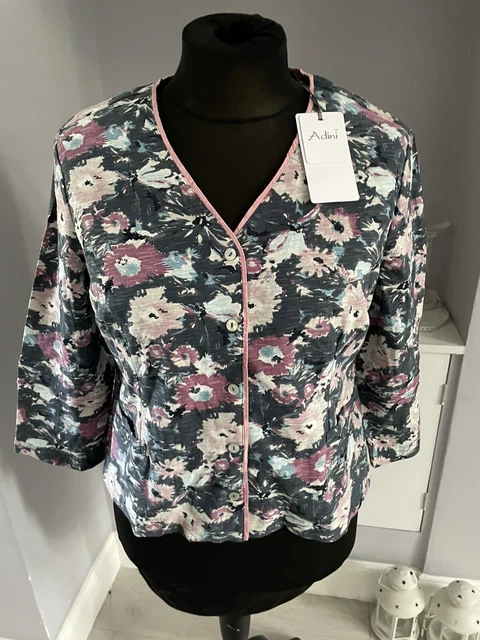 Adini Blue Pink Flower Cotton Boxy Jacket Size L1 UK 16 3/4 Sleeve
