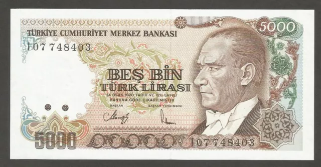 Turkey 5000 Lirasi 14.1.1970 (1990); UNC; P-198; L-B275a; Towers; Prefix "I"