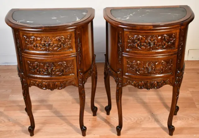 1930 Pair French carved Walnut & black marble top nightstands / Bedside tables