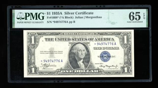 DBR 1935-A $1 Silver Gem STAR Fr. 1608* PMG 65 EPQ Serial *94974776A