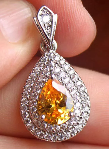 EPIC VAULT-Citrine-18K White Gold Filled Pendant-1" Waterdrop Topaz-Zircon-Chain