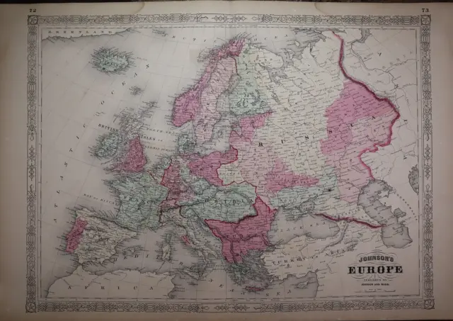 Antique 1864 Johnson's Atlas Map ~ EUROPE  (18x28) ~Free S&H #700