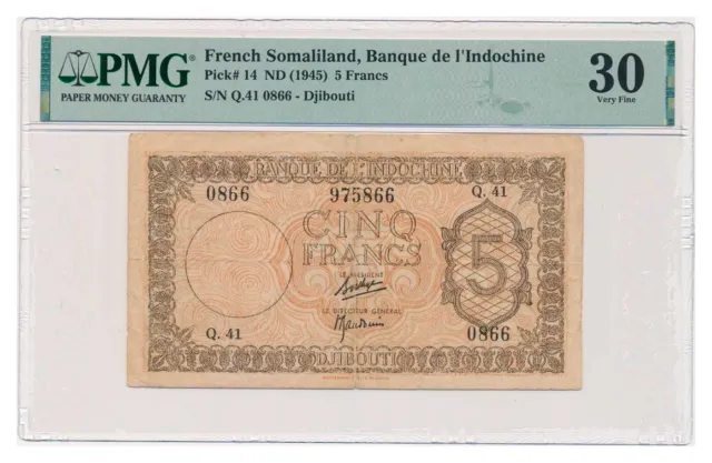 FRENCH SOMALILAND banknote 5 Francs 1945 PMG VF 30 Very Fine
