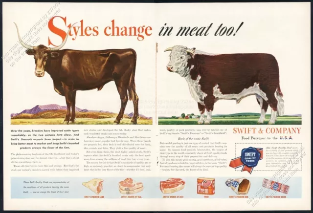 1946 longhorn cattle Shorthorn art Swift meats vintage print ad
