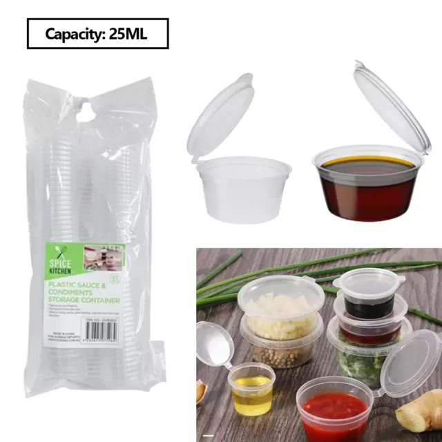 Disposable Plastic Sauce Container Hinged Lid Clear Pot Cup Dipping Sauce 25ml