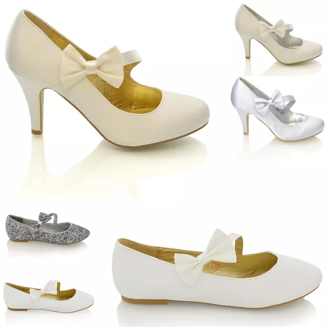 Donna Scarpe da sposa tacco basso medio fiocco in raso festa classico piatto