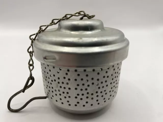 Vintage 2" Medium Aluminum Loose Leaf Tea Herb Ball Infuser Strainer & Chain