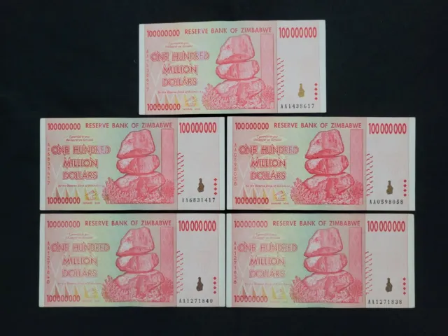 Zimbabwe 5 x 100 Million Dollars 2008 Pick- 80 –  Lot 5 pcs