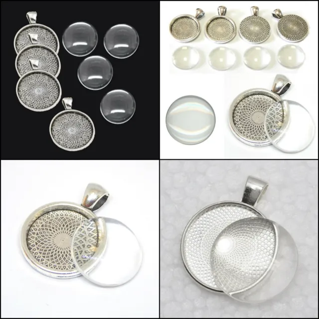 Silber Fassungen Rund für Cabochons Medaillons Anhänger mit Klar Glas
