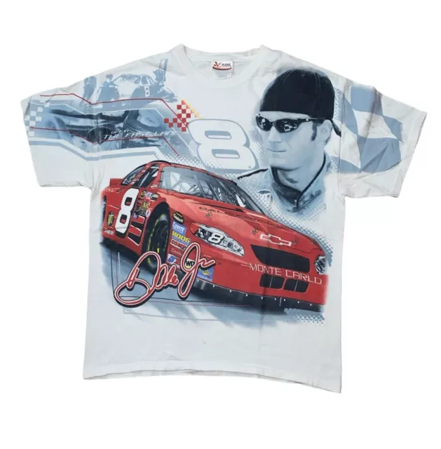 Vintage 90s Dale Earnhardt Jr AOP T-Shirt Mens L White NASCAR Budweiser Racing