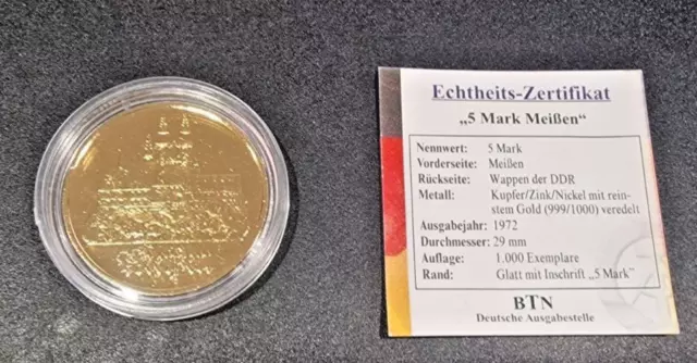 Münze - 5 Mark DDR Gedenkmünze Meißen vergoldet mit Zertifikat