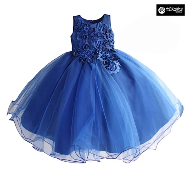 Vestito Elegante Cerimonia Abito Bambina Tulle Blu Girl Party Dress DGZF048E