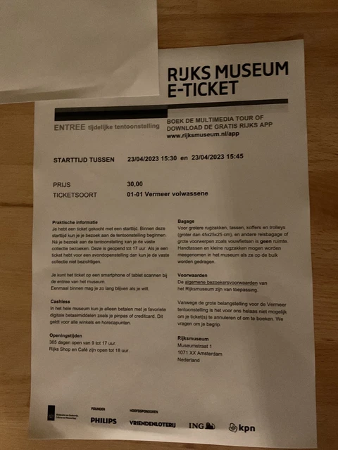2 xE-Tickets Sonntag 23.04.23 15:30 Uhr Vermeer Exhibition Rijksmuseum Amsterdam 2