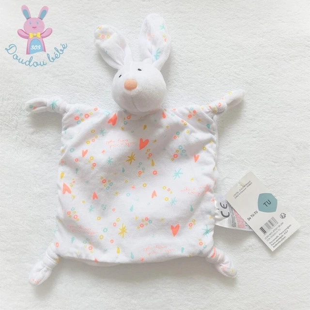 NEUF - Doudou plat Lapin blanc coloré cœurs ronds étoiles Z Grain de Blé