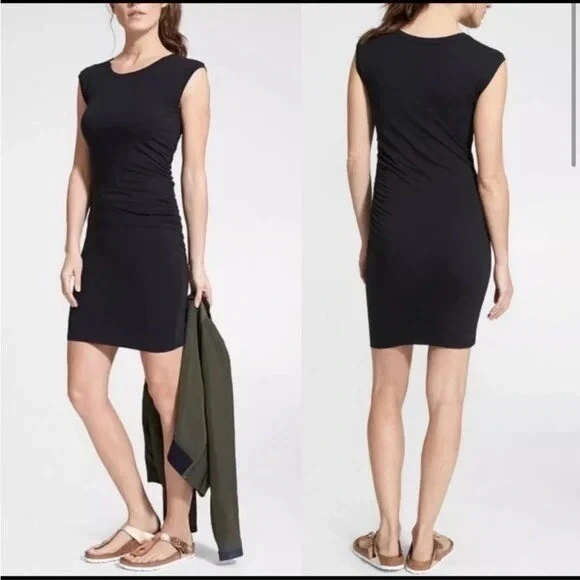 ATHLETA DRESS WOMEN S Large Carefree Tee Black Ruched Body Con